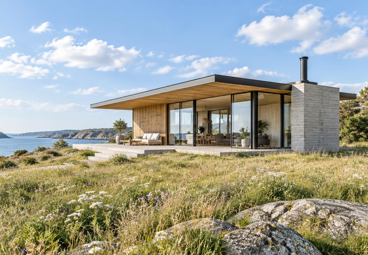 A low concrete and timber estate residence in open grassland at dusk