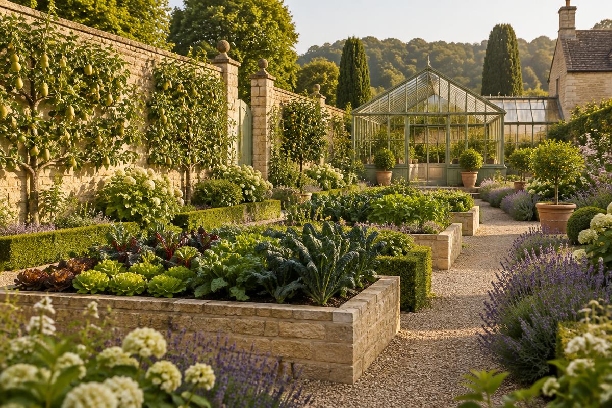 A walled estate kitchen garden of stone raised beds, espaliered fruit trees and an elegant glasshouse in warm afternoon light