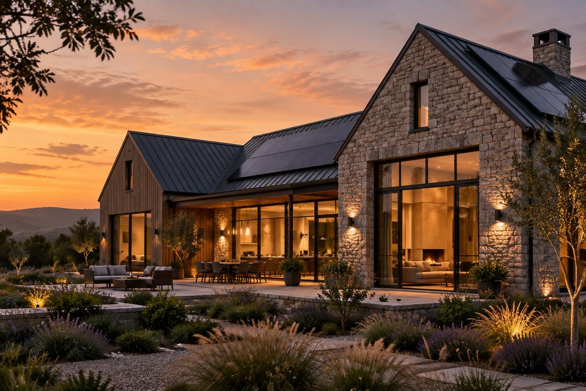 A stone, timber and glass estate residence with matte black solar panels integrated flush into the roofline at dusk