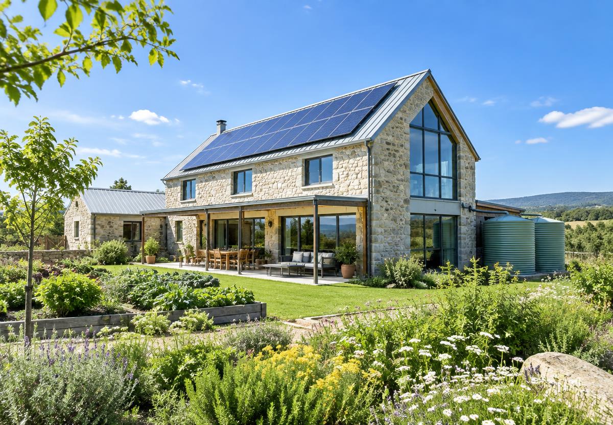 A retrofitted stone homestead with rooftop solar on a bright sunny day
